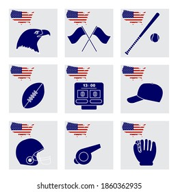 Vector Illustration USA set American national symbols Eagle head, baseball bat, glove, ball, cap, rugby ball, helmet, scoreboard, whistle. Popular sports in America. Patriot pride. Design for print