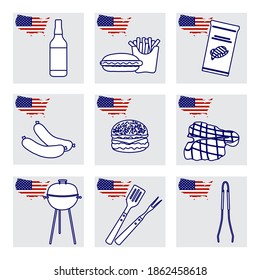 Vector Illustration USA set American national Food and Drink. BBQ party. Beer, sandwich, potatoes, chips, sausages, hamburger, grilled meat, grill, barbecue tools. 4th of July Independence day