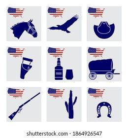 Vector Illustration USA set American national symbols Horse head, eagle, cowboy hat, holster, cactus, horseshoe, whiskey, gun, van. 4th of July Independence day. Cowboy Wild West. Patriot pride