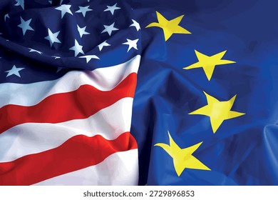 Ilustração vetorial da bandeira USA Vs EU Fabric juntos. Relações entre a União Europeia e os EUA