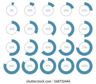 Vector Illustration. Usable infographic — round chart. Blue curved parts of circles. Parts whole as a percentage: 5, 10, 15, 20, 25, 30, 35, 40, 45, 50, 55, 60, 65, 70, 75, 80, 85, 90, 95 and 100%.