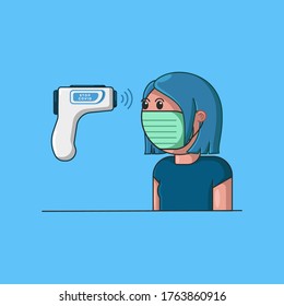 Ilustración vectorial Uso de la pistola infrarroja de termómetro de frente no de contacto para comprobar la temperatura corporal de los síntomas del virus covid-19.
Icono de corte para el signo de prevención del coronavirus.