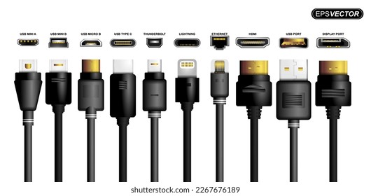 Ilustración vectorial de un cable usb y su cubierta en combinación de color negro y dorado.