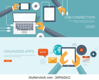 Vector illustration. Usb connection. Computer, tablet, smartphone. Cable. Organizer apps. Business and planning.