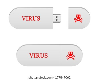 Vector illustration of an usb flash drive with red inscription "Virus". A graphical representation of the danger of a computer being infected with viruses through a USB drive.