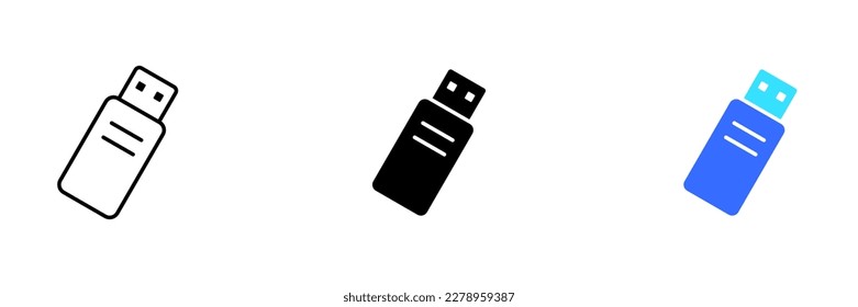 A vector illustration of a USB flash drive, which is a portable storage device that uses USB technology for data transfer. Vector set of icons in line, black and colorful styles isolated.