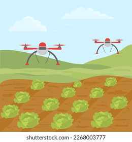 Vector illustration Use of agricultural drone service for smart farming. Field with cabbage. Smart agriculture technology. Digital farming methods. Farm automation. Field intelligence Farming robotics