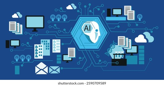 Vector illustration of the use of artificial intelligence in the field of medicine, communications, public infrastructure, education.
