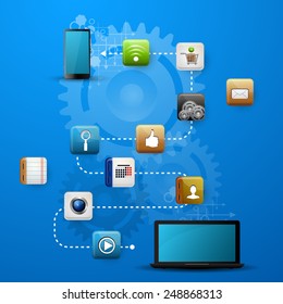 Vector illustration use of cloud computing storage and applications on a mobile device with a set of flat icons