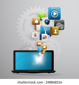 Vector illustration use of cloud computing storage and applications on a mobile device with a set of flat icons
