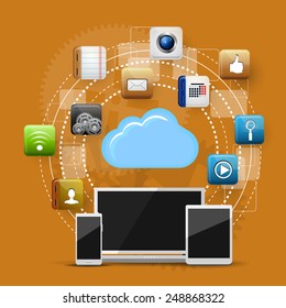 Vector illustration use of cloud computing storage and applications on a mobile device with a set of flat icons