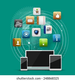 Vector illustration use of cloud computing storage and applications on a mobile device with a set of flat icons