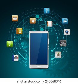 Vector illustration use of cloud computing storage and applications on a mobile device with a set of flat icons