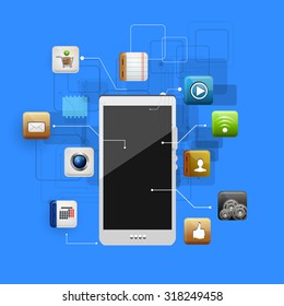 Vector illustration use of cloud computing storage and applications on a mobile device with a set of flat icons