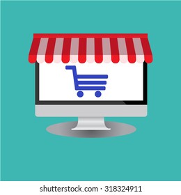 Vector illustration of the use computer to shopping online. Can promotional and advertising posters.