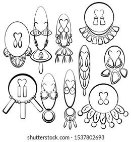 Vector illustration with use of jagged lines with no fill. Depicted sets of jewelry, which include earrings and necklaces with stones, metal, leather. Style items is more Bohemian, some ethnic.