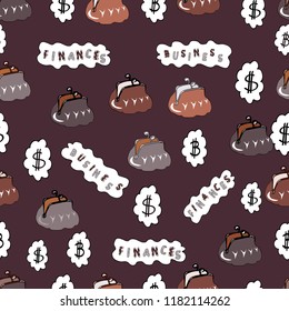 Vector illustration. Use for logos, print products. Seamless pattern finance pattern. Seamless with dollars and bitcoin on brown, white and black background.
