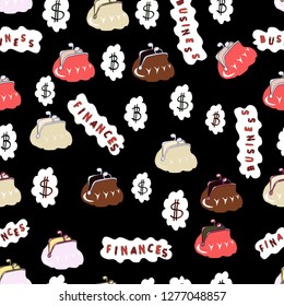 Vector illustration. Use for logos, print products. Seamless pattern finance pattern. Seamless with dollars and bitcoin on beige, white and black background.