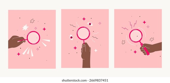 Ilustração vetorial. Use uma lupa.  Descobertas e melhorias na investigação
