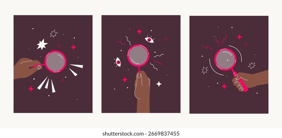 Ilustração vetorial. Use uma lupa.  Descobertas e melhorias na investigação
