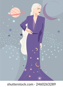 Ilustración vectorial, útil para los horóscopos, signos del zodíaco. Mujer frente a estrellas, espacio, planetas. Rubia en vestido morado, pelos largos. Virgo, Leo, Tauro, Escorpio, Sagitario, Capricornio, Libra