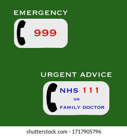 Vector illustration of useful telephone numbers in the UK especially during Covid-19 coronavirus pandemic outbreak including 999 for emergency and nhs 111 for urgent advice