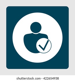 Vector illustration of user accept sign icon on blue background.