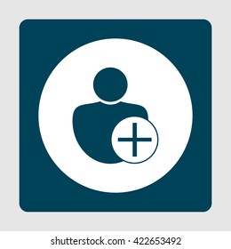 Vector illustration of user add sign icon on blue background.