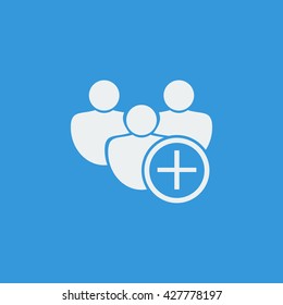 Vector illustration of user add sign icon on blue background.
