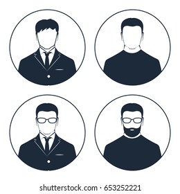 Vector illustration. User avatar. Portrait of a man with glasses, a beard and a mustache. Black on a white background.