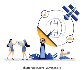 Vector Illustration Of User Communication Access Is More Effective Use Satellite Covered Services Or More Efficient Wireless Network. Can Use For Web Website Mobile Apps Poster Banner Flyer Homepage