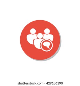 Vector illustration of user discussion sign icon on red circle background.