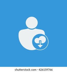 Vector illustration of user download sign icon on blue background.