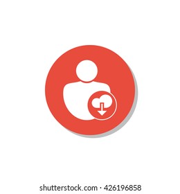 Vector illustration of user download sign icon on red circle background.