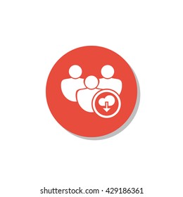 Vector illustration of user download sign icon on red circle background.