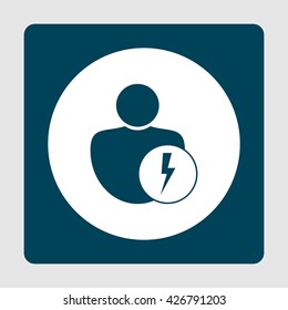 Vector illustration of user flash sign icon on blue background.