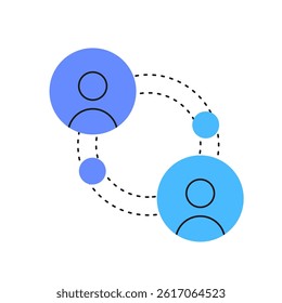 Vector illustration of user interaction and data transfer. Shows two users connected by dotted lines, symbolizing communication, collaboration, and digital networking.
