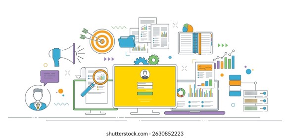 Vector illustration of a user interface with login screen, reports, charts, files, communication icons and system data visualization. Thin line icons design.
