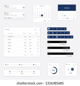 Vector illustration of user interface for mobile applications. Set with design tables, navigation menu, status menu, calendar and message box. Simple design in flat style.