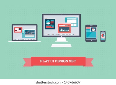 Vector illustration of user interface on digital tablet and on mobile devices with flat simplistic inforgraphic charts and web design on a screen. Isolated on green background.