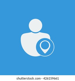 Vector illustration of user location sign icon on blue background.
