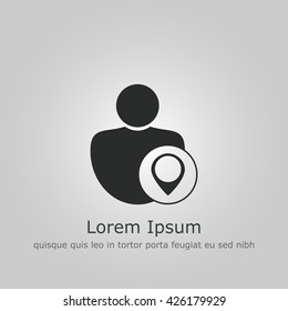 Vector illustration of user location sign icon on grey background.