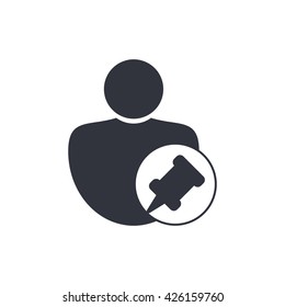 Vector illustration of user pin sign icon on white background.