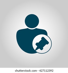 Vector illustration of user pin sign icon on grey background.