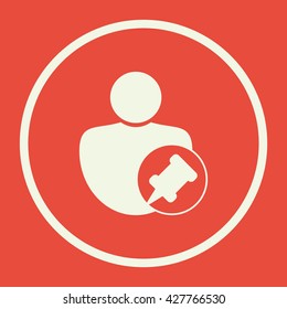 Vector illustration of user pin sign icon on red background.