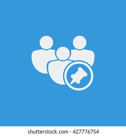 Vector illustration of user pin sign icon on blue background.