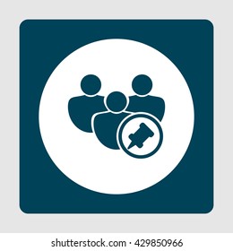Vector illustration of user pin sign icon on blue background.