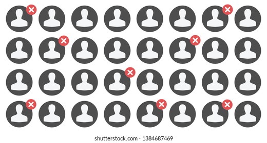 vector illustration of user profile pictures and cross symbol for deleting friends problem in social media