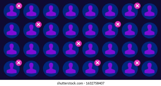 vector illustration of user profile pictures and red cross blocking symbols in dark blue color palette