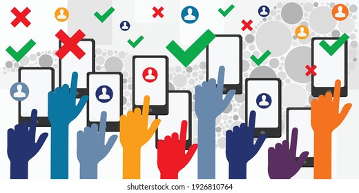 vector illustration of user profile pictures smartphones and allowing or denying symbols